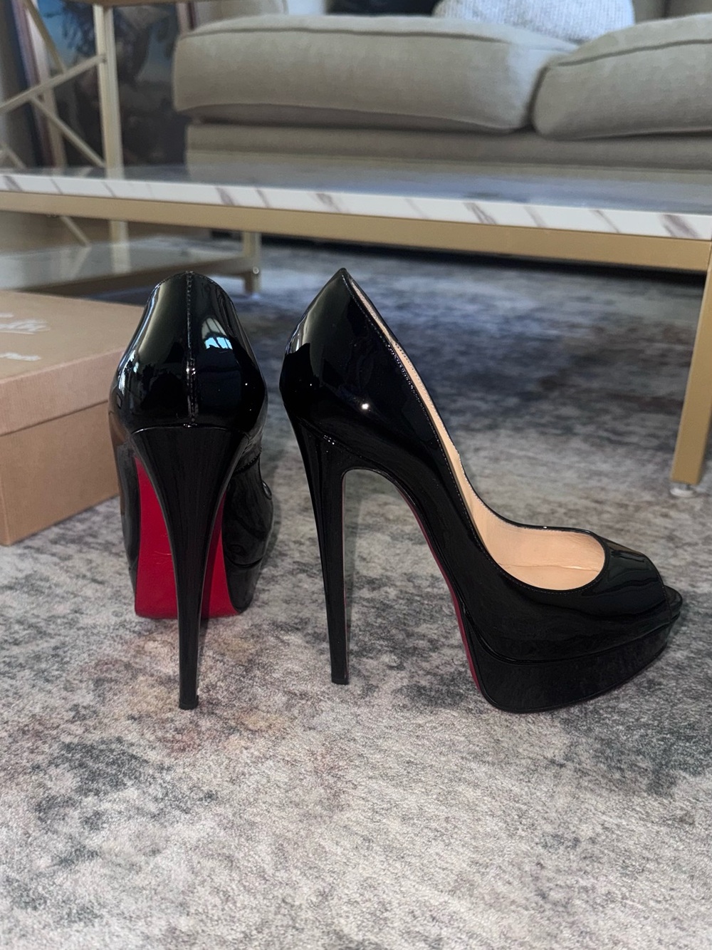 Christian Louboutin Black Patent Peep-Toe Platform Pumps with Red Soles